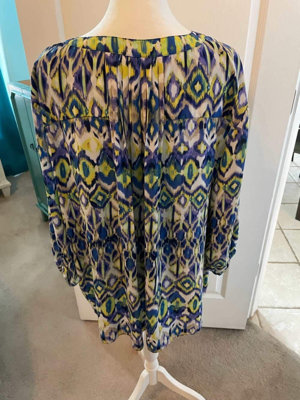 NYDJ Vibrant Ikat-Print Blouse in Blue, Yellow & Green - Picture 6 of 15